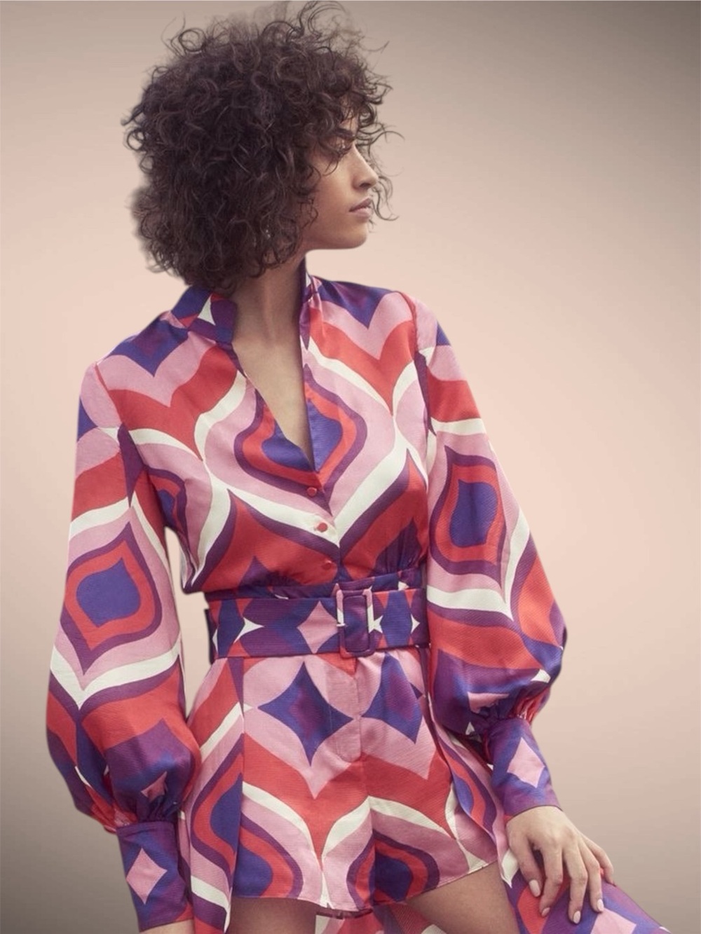 ALEXIS Roselle Geometric Bishop-Sleeve Button-Front Blouse Vibrant Colors